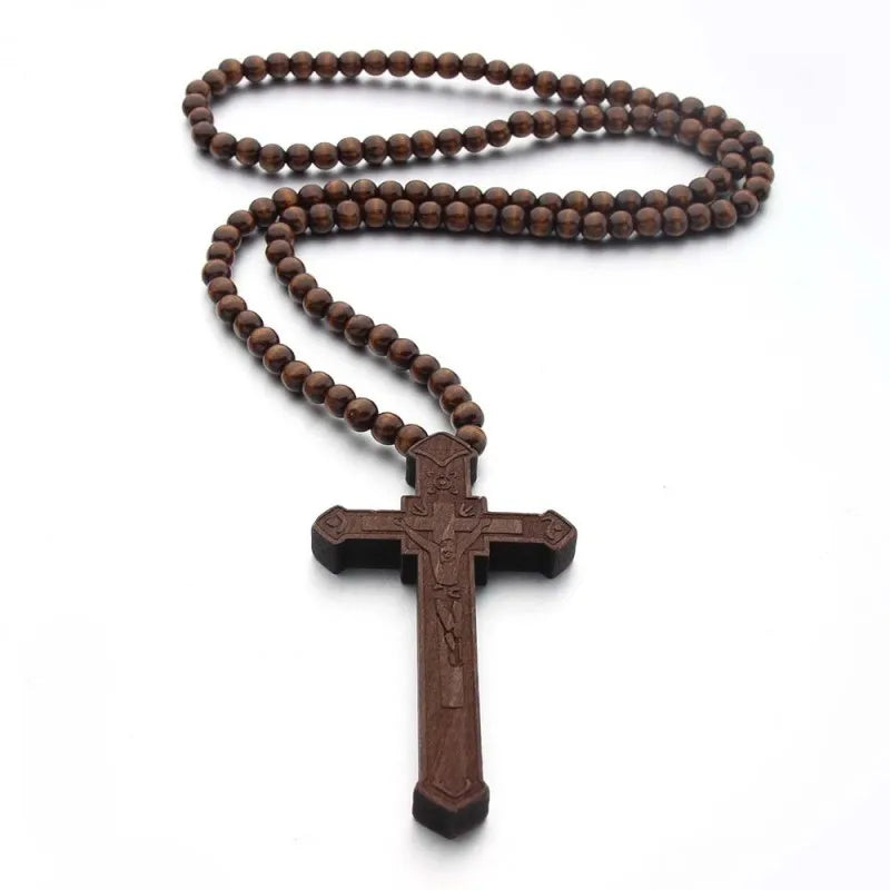 Wooden Beaded Rosary Necklace