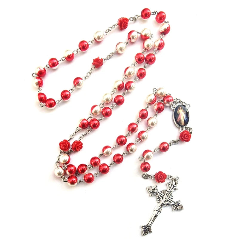 Red White Glass Pearl Cross Rosary