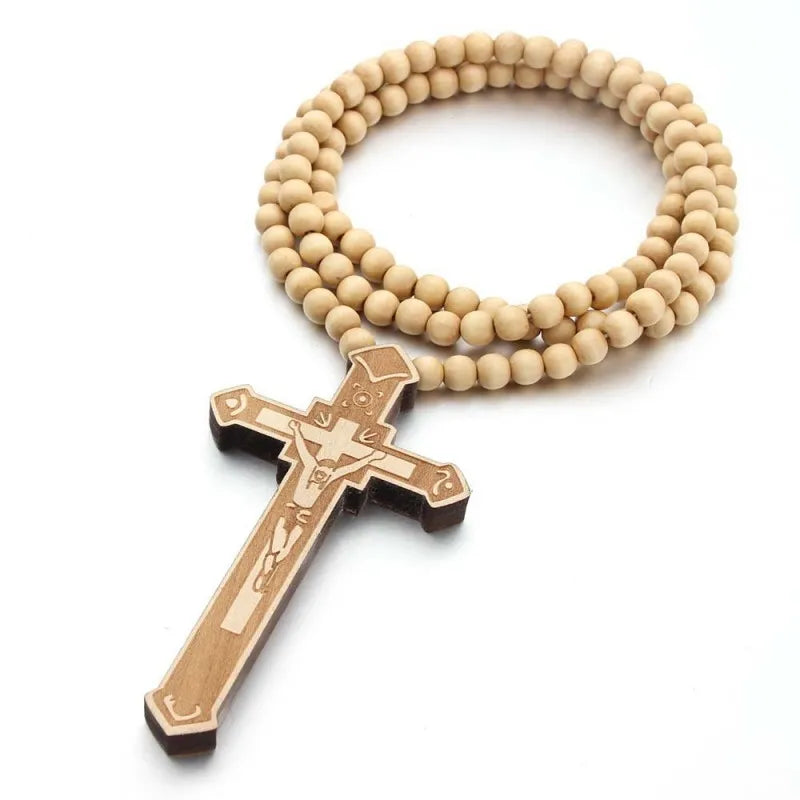 Wooden Beaded Rosary Necklace