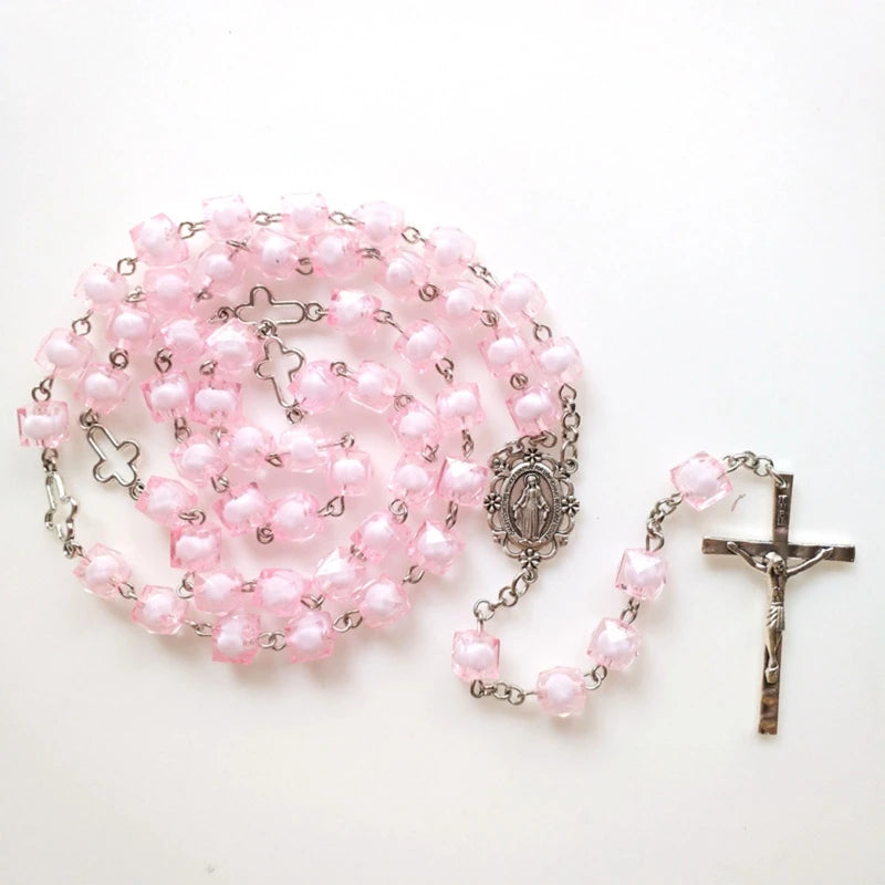 Pink Ceramic and Enamel Square Beaded Crucifix