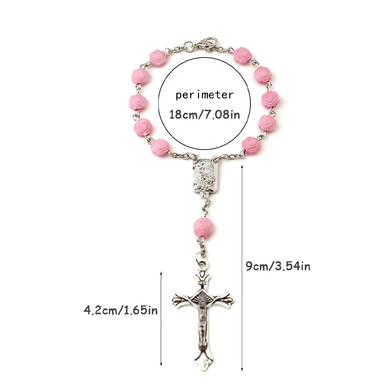 Pink Rose Beads Crucifix Hanging Ornament for Interior Decoration