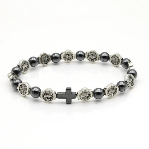 St Benedict Hematite Rosary Bracelet Elastic