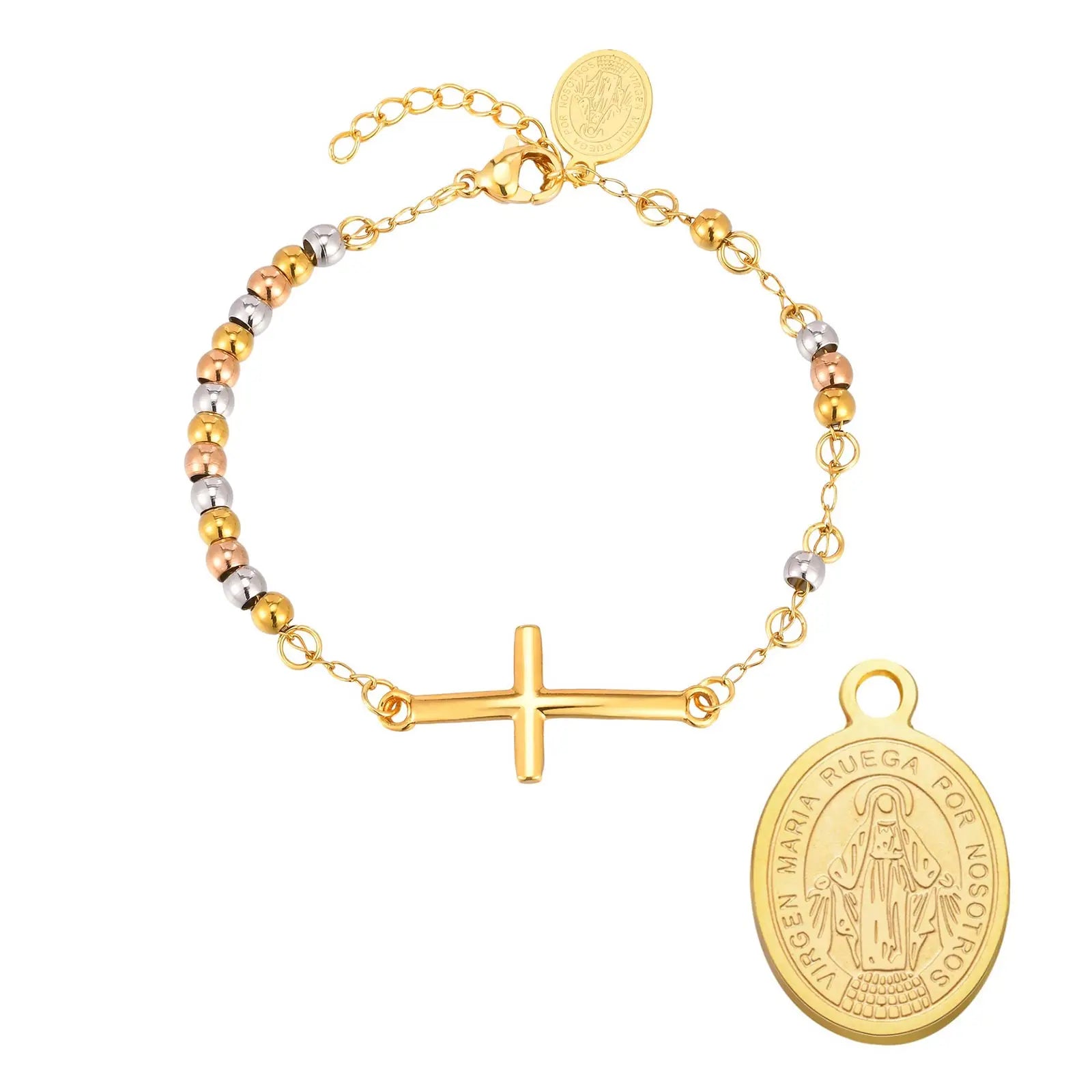 Stainless Steel Rosary Virgin Mary Cross Bracelet, St Benedict Three-color Bead Chain Bracelet,