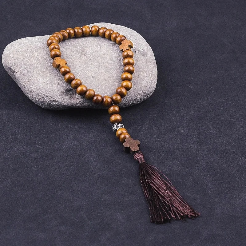 Saint Benedict Rosary Necklace Wood Beads Medal Prayer Pocket
