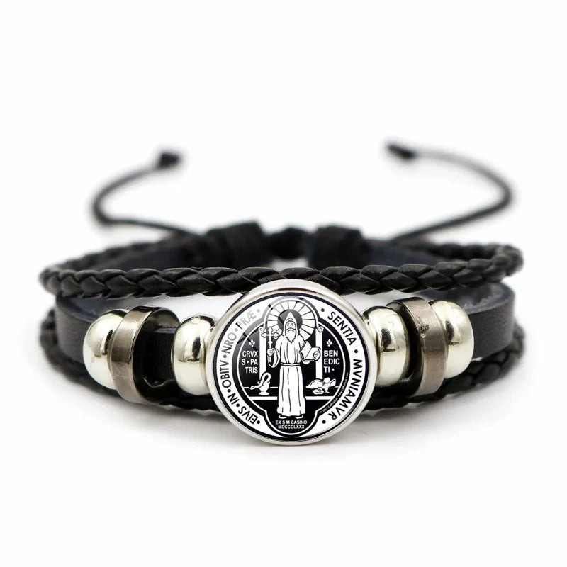 Saint Benedict Medal Leather Bracelet Catholic San Benito Glass Dome