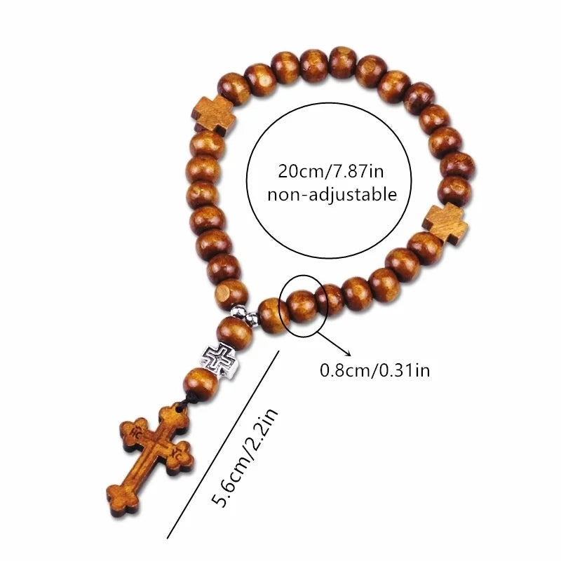 Saint Benedict Rosary Necklace Wood Beads Medal Prayer Pocket