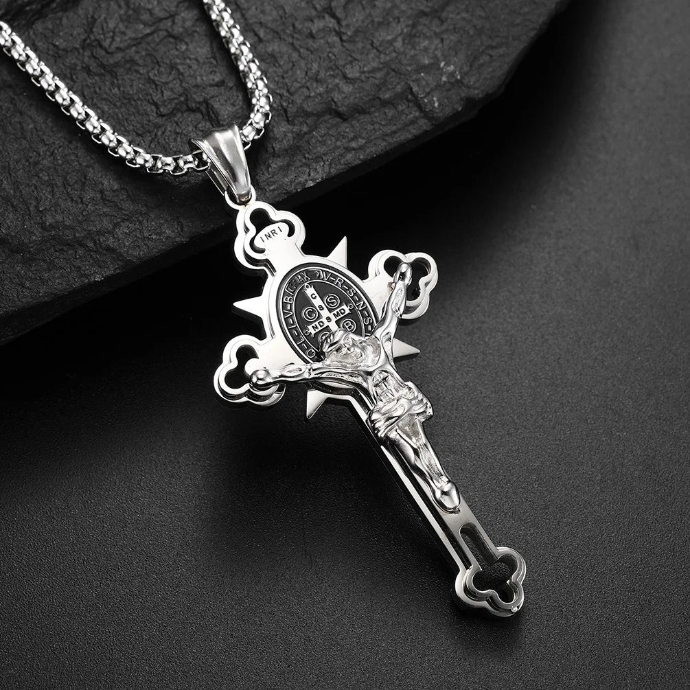 Stainless Steel St. Benedict Crucifix Pendants Necklace INRI