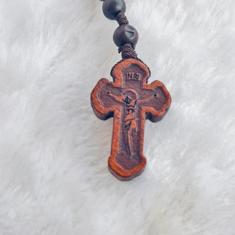 Dark Wood Bead Rosary with Engraved Crucifix Handmade