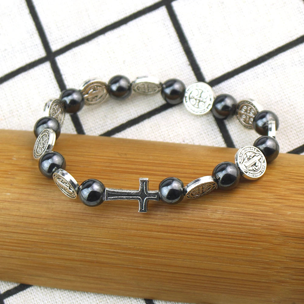 St Benedict Hematite Rosary Bracelet Elastic