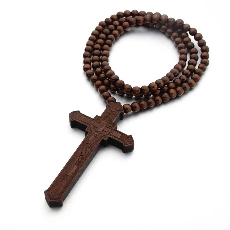 Wooden Beaded Rosary Necklace
