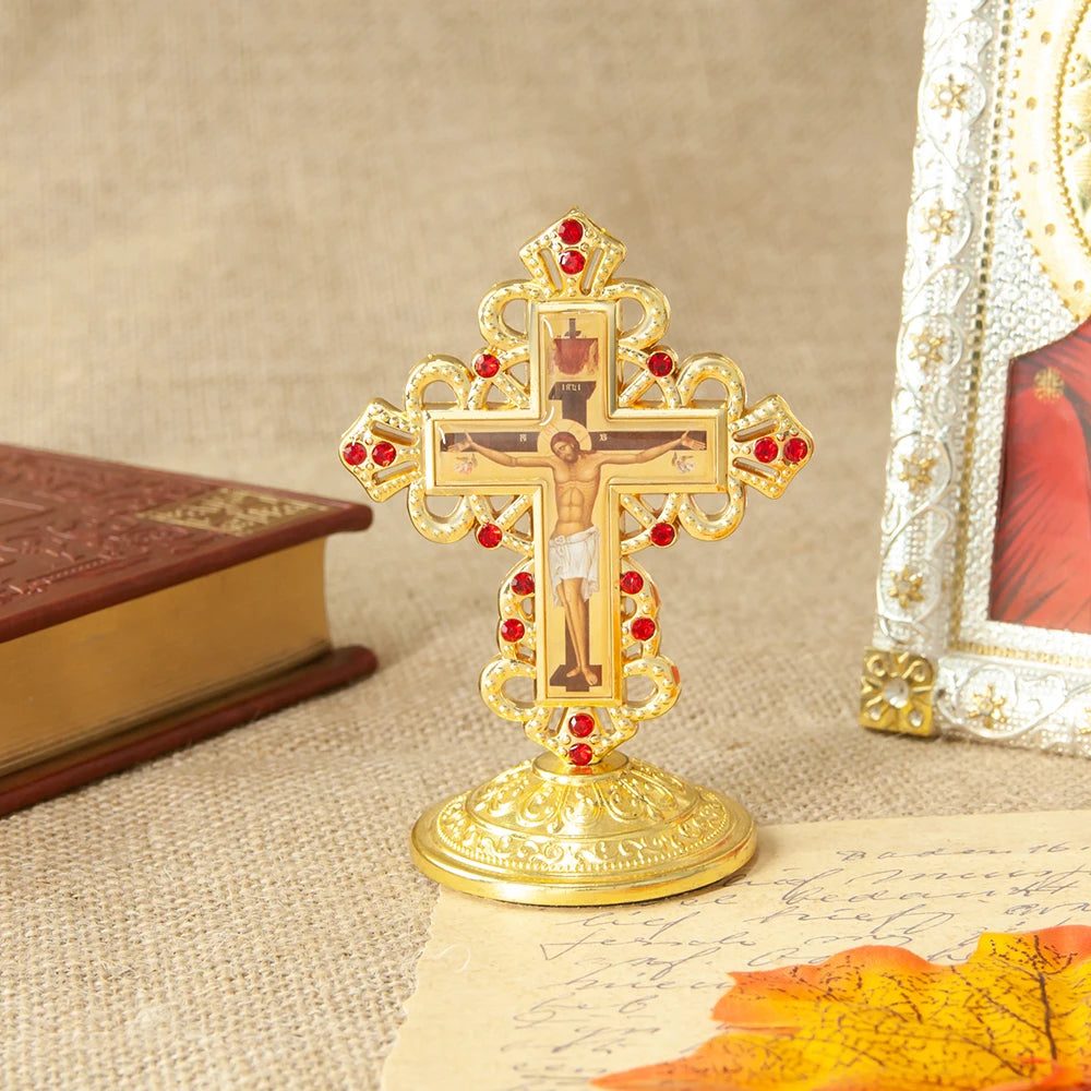 Metal Jesus Icon Crucifix Orthodox Table Cross With Stand