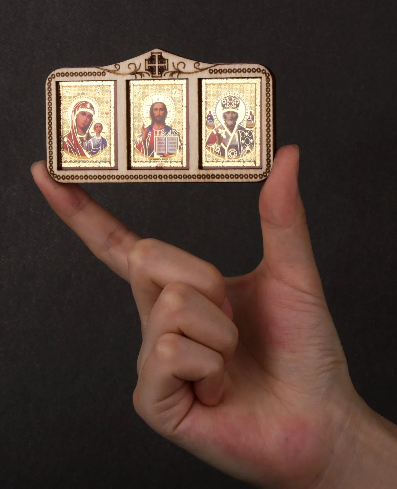 Stickable Orthodox Triple Holy Icon Theotokos Pantocrator Jesus St.Nicholas
