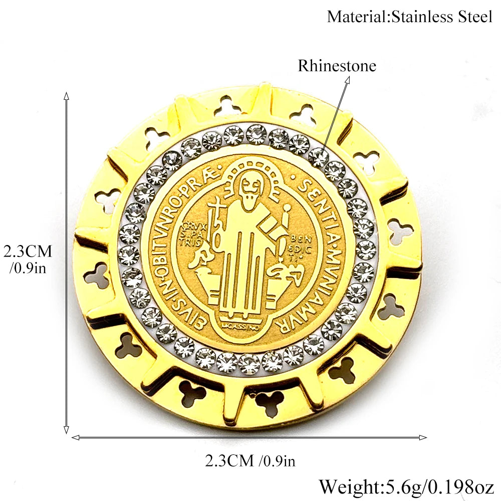 Saint Benedict Medal Brooch Pins for Women Men Stainless Steel with gold color and Rhinestones