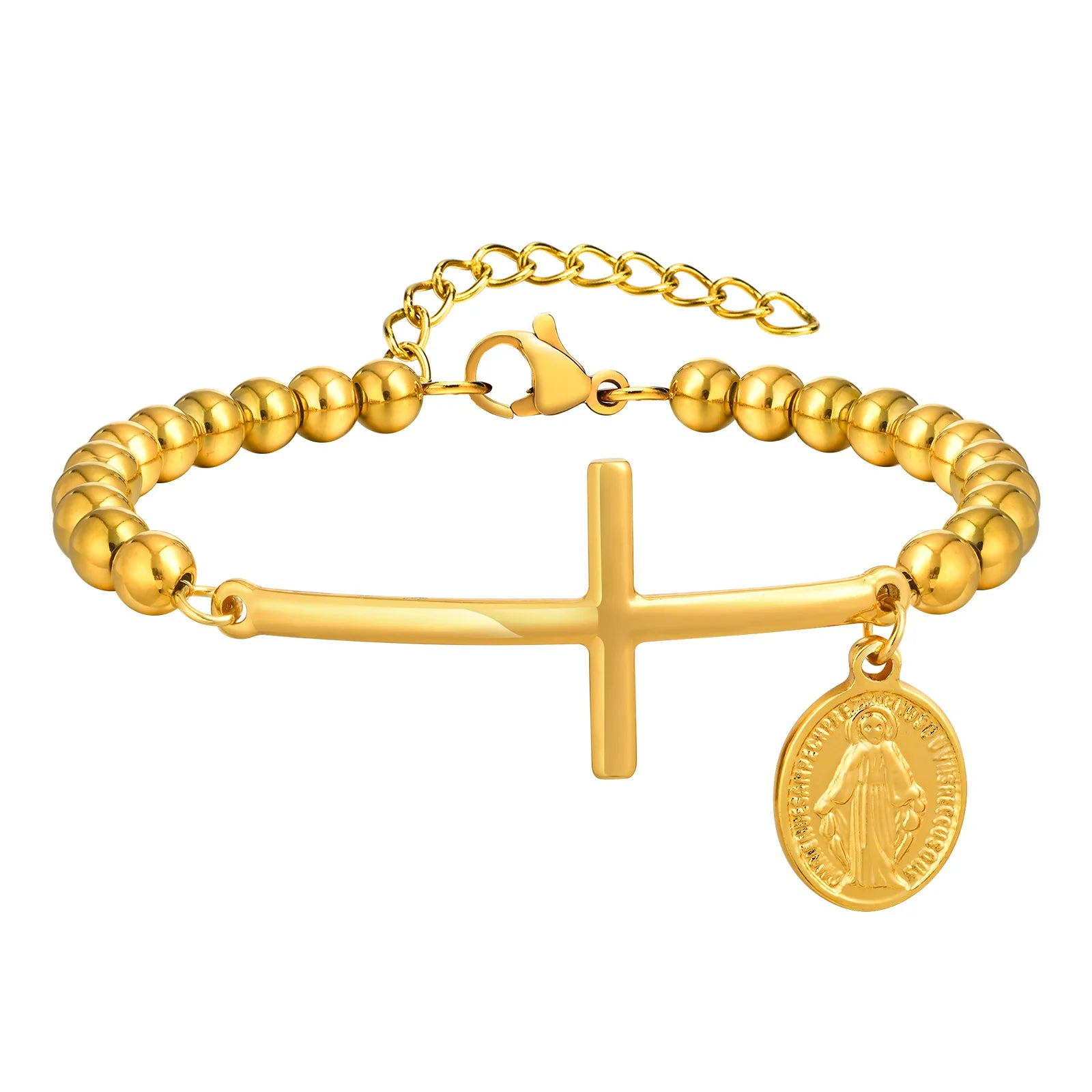 Stainless Steel Rosary Virgin Mary Cross Bracelet, St Benedict Three-color Bead Chain Bracelet,
