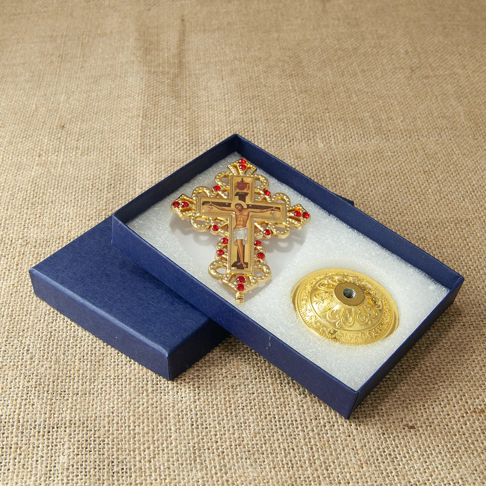 Metal Jesus Icon Crucifix Orthodox Table Cross With Stand