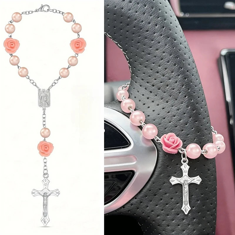 Rosary Cross Rose Prayer Beads Rearview Mirror Hanging Ornament