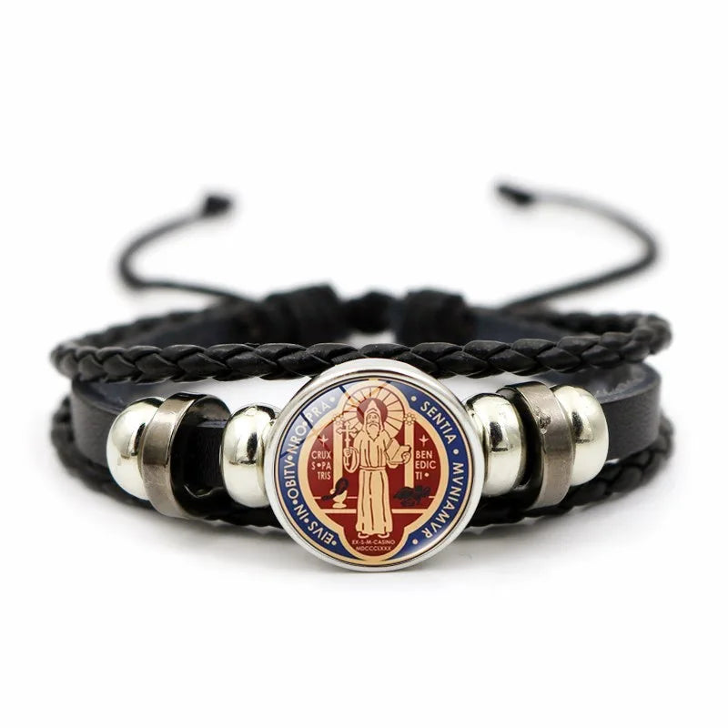 Saint Benedict Medal Leather Bracelet Catholic San Benito Glass Dome