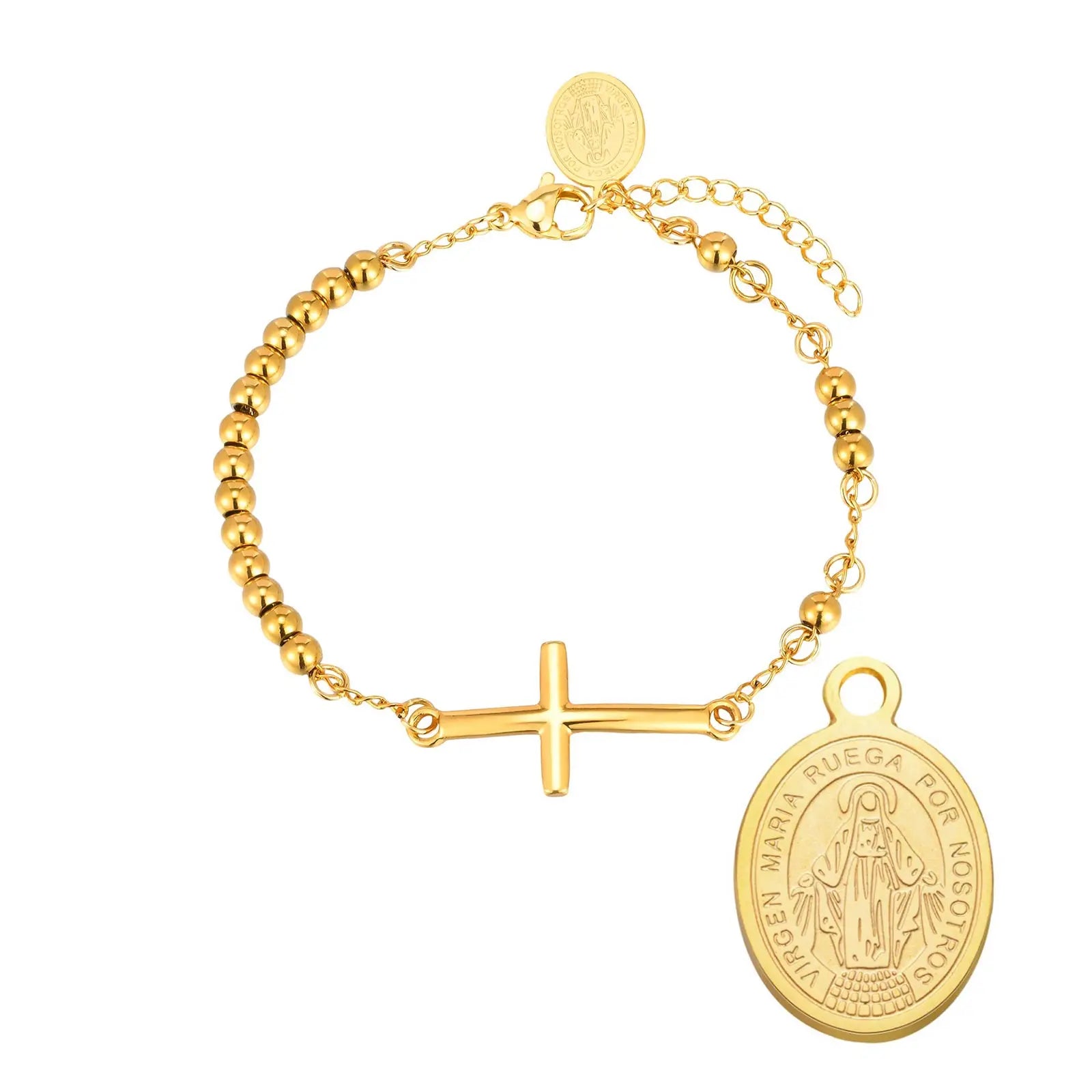 Stainless Steel Rosary Virgin Mary Cross Bracelet, St Benedict Three-color Bead Chain Bracelet,