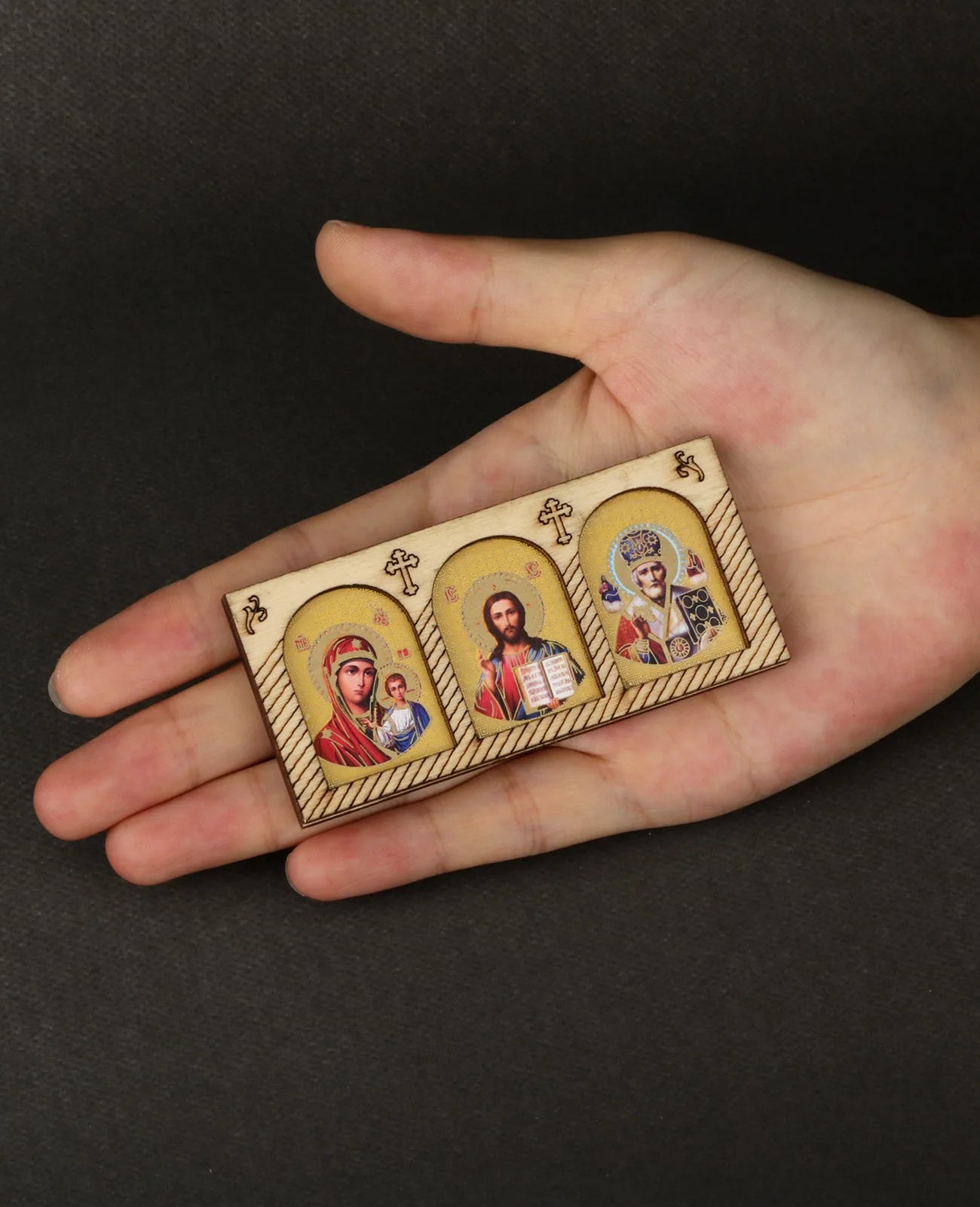 Stickable Orthodox Triple Holy Icon Theotokos Pantocrator Jesus St.Nicholas