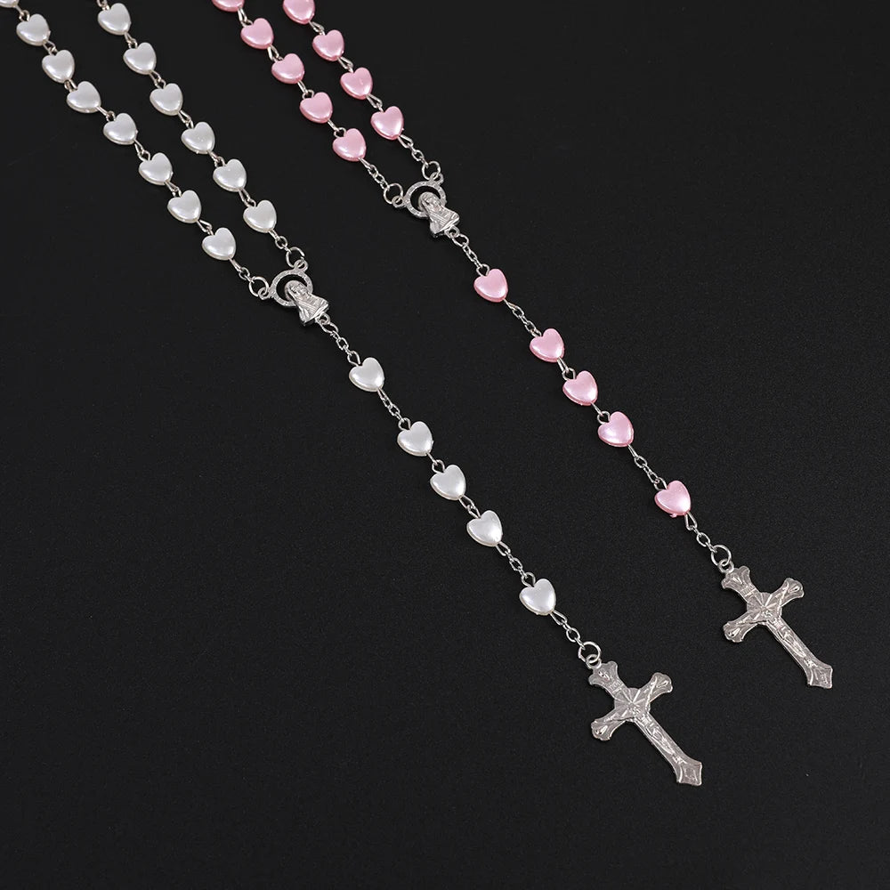 Pink or White Heart Beaded Rosary