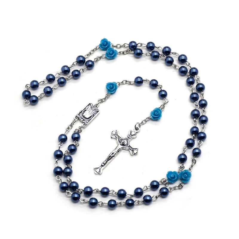 Rose Rosary Necklace with Pendant White Black Red