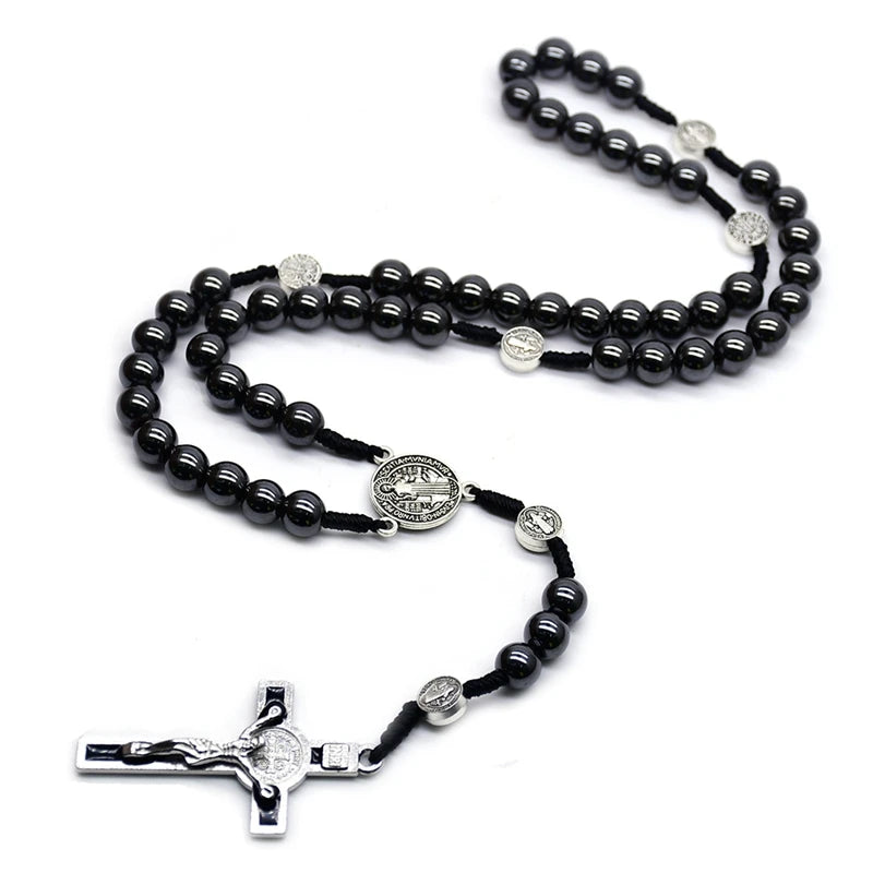 Saint Benedict Hematite Rosary Woven Necklace