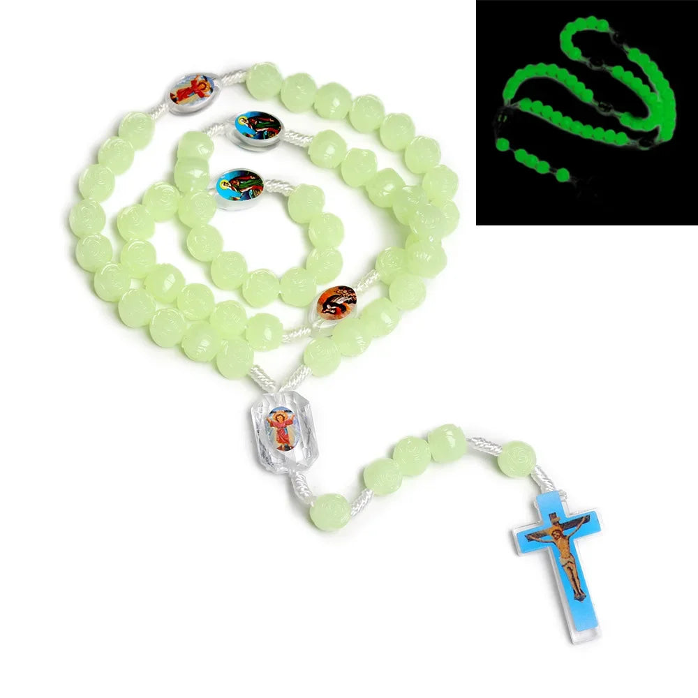 Glow in The Dark Rosary Necklace  10MM Luminous Rose Beaded Chain