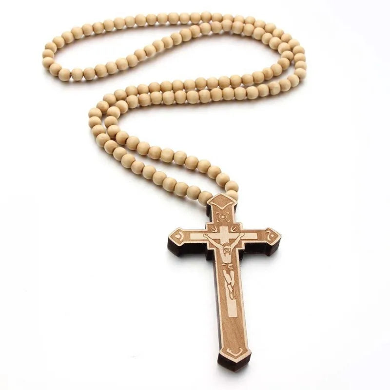 Wooden Beaded Rosary Necklace