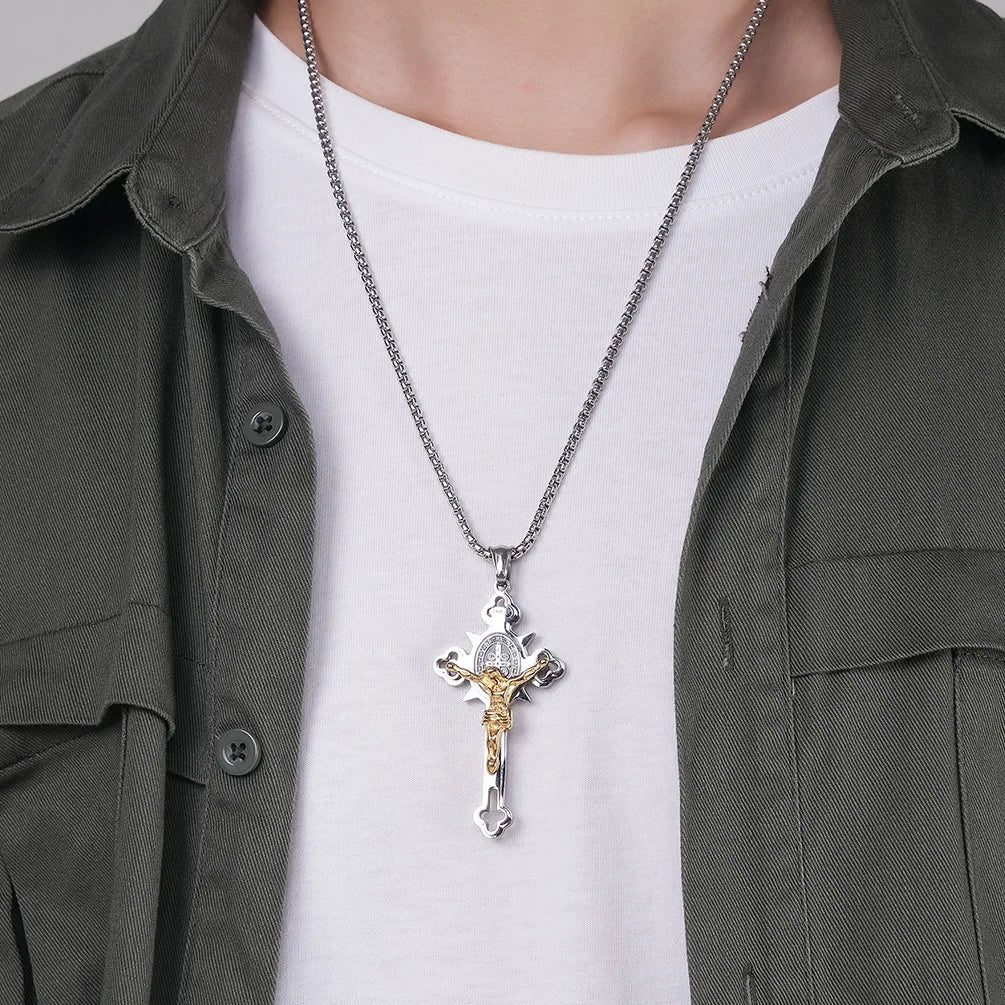 Stainless Steel St. Benedict Crucifix Pendants Necklace INRI