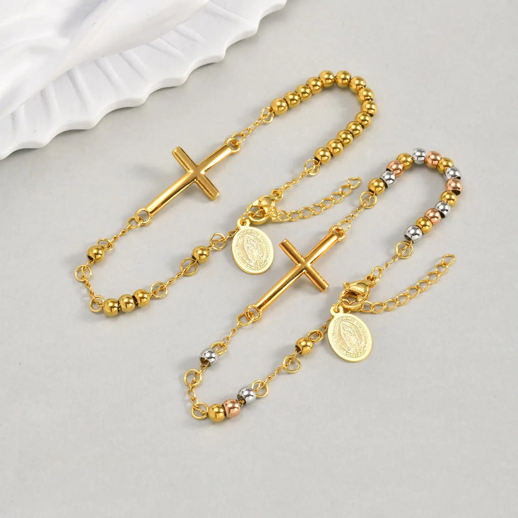 Stainless Steel Rosary Virgin Mary Cross Bracelet, St Benedict Three-color Bead Chain Bracelet,