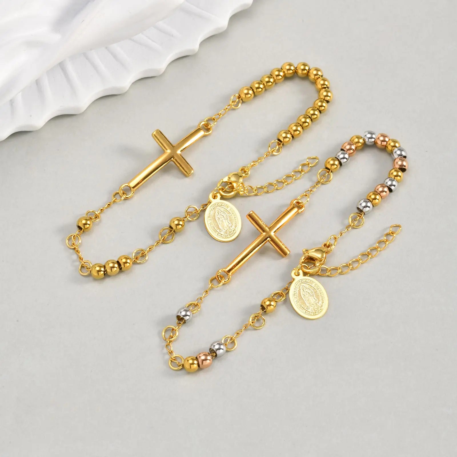 Stainless Steel Rosary Virgin Mary Cross Bracelet, St Benedict Three-color Bead Chain Bracelet,