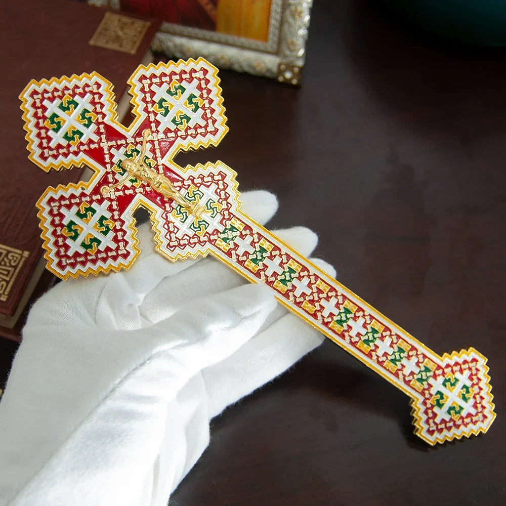 Byzantine Orthodox Gold Plated Crucifix Red Green Enamel Inlay