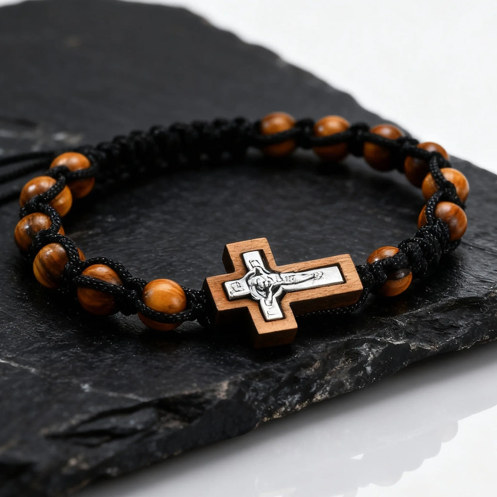 Beaded Bracelets for Men, Brown Wooden Bead Adjustable Woven Rosary
