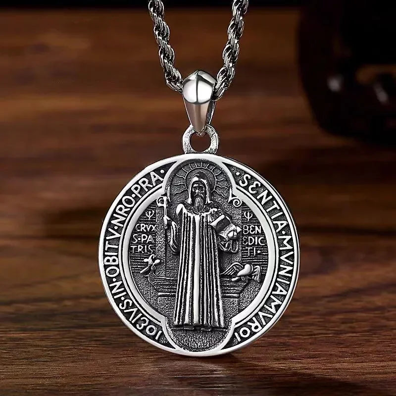 Stainless Steel Exorcist Saint Benedict Round Pendant Necklace